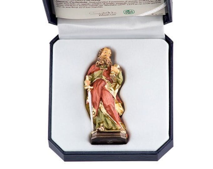 Statue of St. Paul with deluxe case carved in hand-decorated Val Gardena wood of Italian artisan production