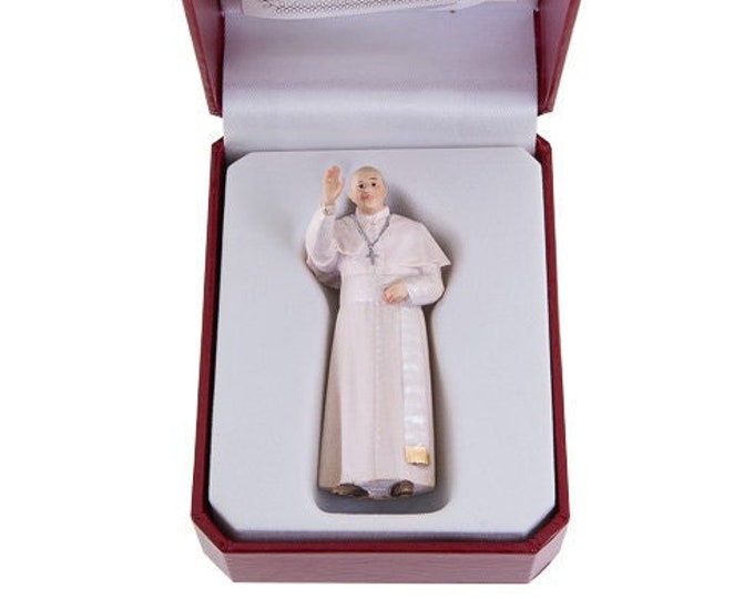 Statue of Pope Francis with deluxe case carved in Valgardena wood and hand decorated, Italian artisan production