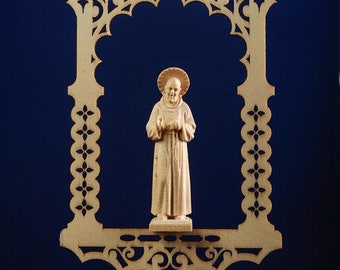 Statue of St. Padre Pio of Pietrelcina in the niche, carved in wood of Valgardena decorated by hand of Italian production