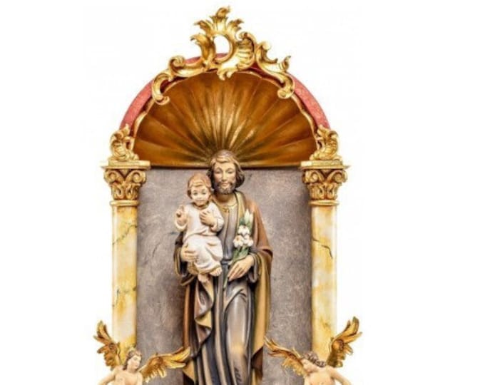 Statue of Saint Joseph with baby Jesus, in a baroque home altar, carved in Valgardena wood of Italian production