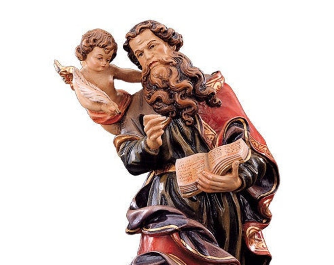 Statue of St. Matthew the Evangelist carved in Val Gardena wood and hand decorated of Italian artisanal production