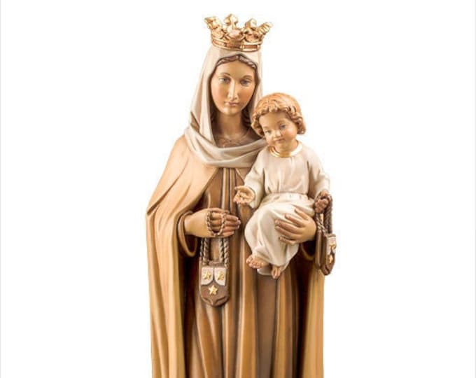 Statue of the Madonna del Carmelo Carmine carved in Valgardena wood and hand decorated, Italian artisan production