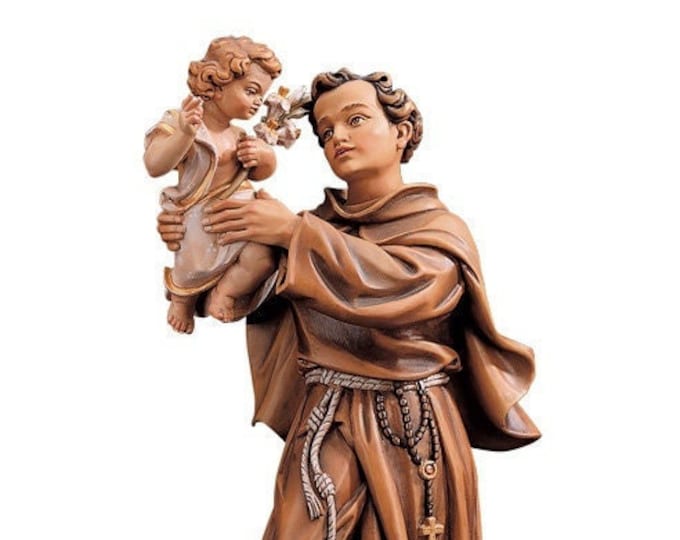 Statue of Saint Anthony of Padua carved in Valgardena wood and hand-decorated, of Italian artisan production