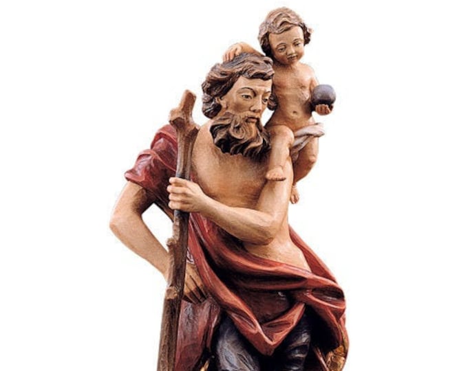Statue of San Cristoforo carved in Valgardena wood and decorated by hand, of Italian artisan production