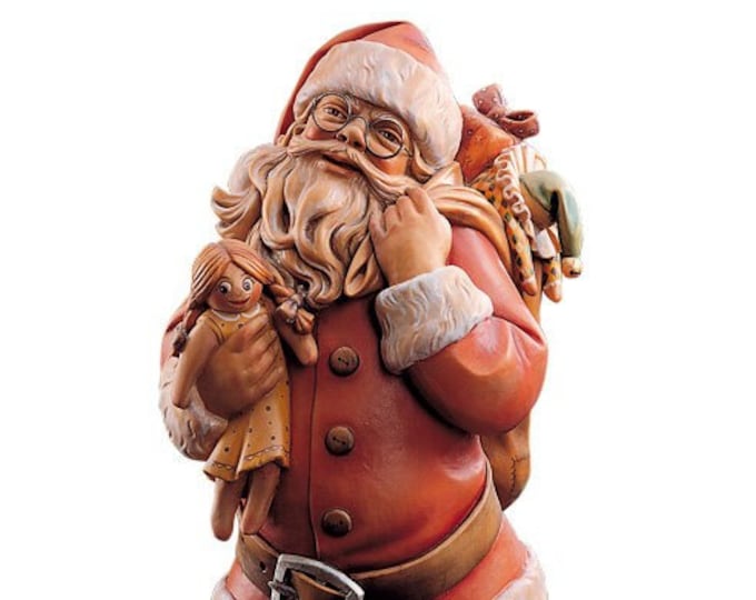 Santa Claus sculpture carved in Valgardena wood and hand decorated, Italian artisan production