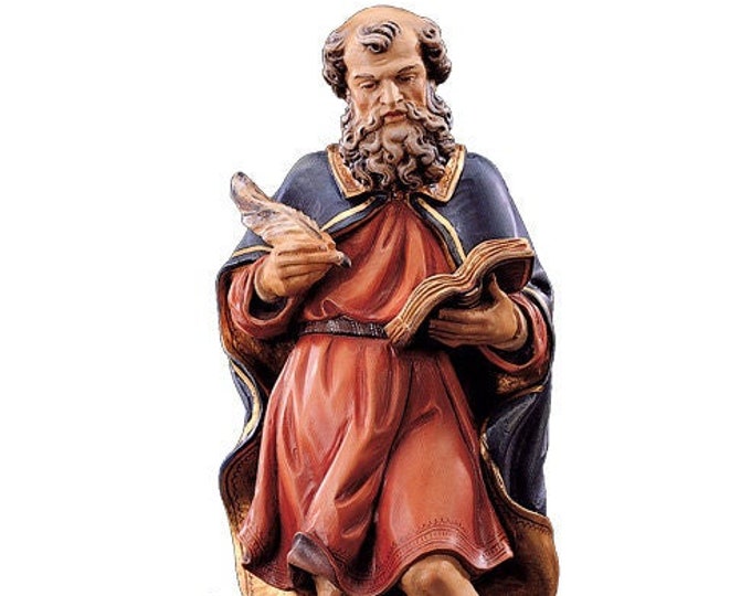 Statue of Saint Luke the evangelist carved in Valgardena wood and hand-decorated, of Italian artisan production