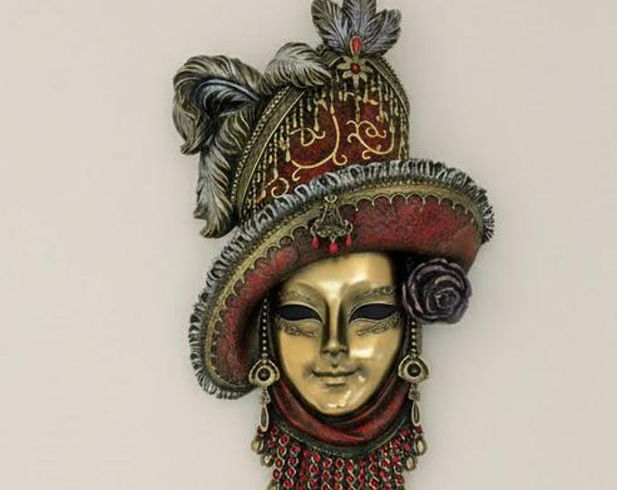 Venetian Mask with Red Hat, 32 cm (12.6 inches) in bronzed resin marble, handcrafted