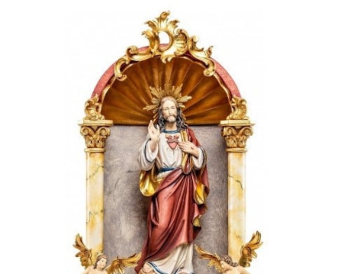 Statue of the Sacred Heart of Jesus, in a baroque home altar, carved in Valgardena wood of Italian production