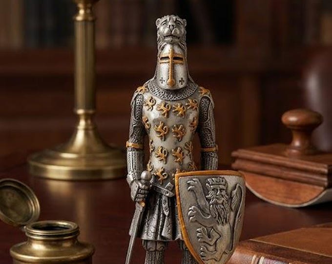 Classical sculpture of a medieval soldier with armor and shield, 10 cm (3.93 inches) in solid pewter, hand-decorated, artisanal, made in Italy