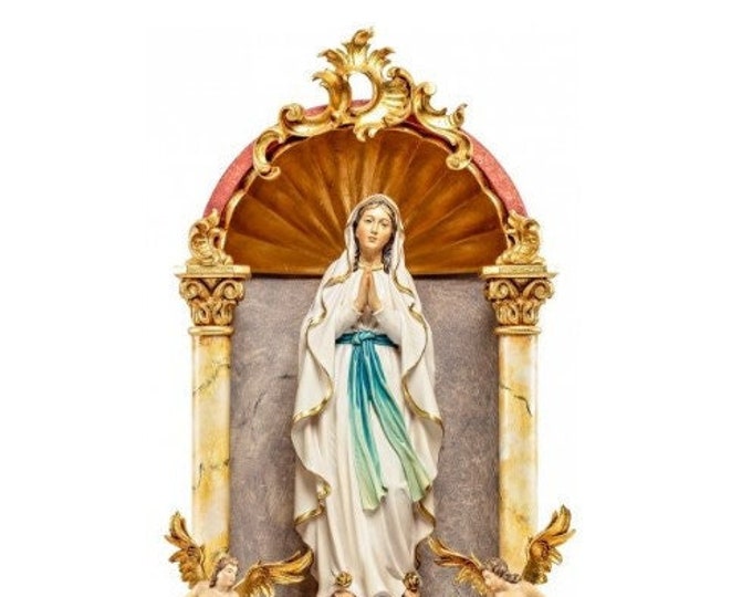Statue of the Madonna of Lourdes in a baroque home altar, carved in Italian-made Valgardena wood