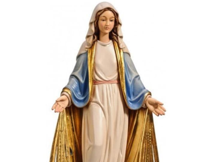 Statue of the Immaculate Madonna with rays carved in Valgardena wood and decorated by hand, of Italian artisan production