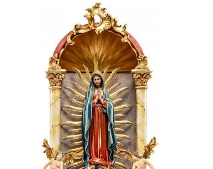 Statue of the Madonna of Guadalupe in a baroque home altar, carved in Italian-made Valgardena wood