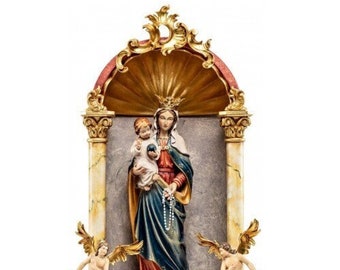 Statue of the Madonna del Rosario in a baroque home altar, carved in Italian-made Valgardena wood