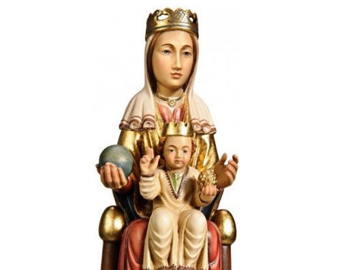 Statue of the Romanesque Madonna sitting with child in Valgardena wood and hand-decorated, of Italian artisan production