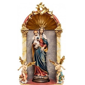 Statue of the Madonna del Rosario in a baroque home altar, carved in Italian-made Valgardena wood