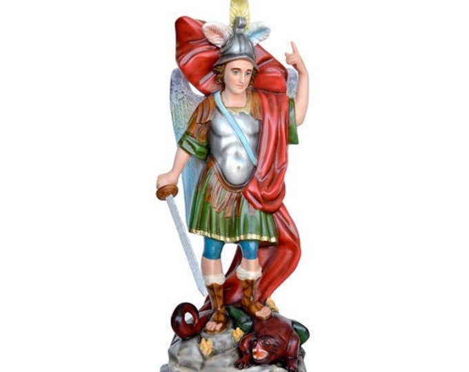 Statue of St. Michael the Archangel cm 90 (35,43 inches) hand-decorated resin glass, painted or glass eyes, of Italian craftsmanship