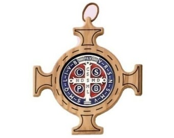 Medal cross of St. Benedict of Norcia in national olive wood cm 20 (7,87 inches) of Italian craftsmanship