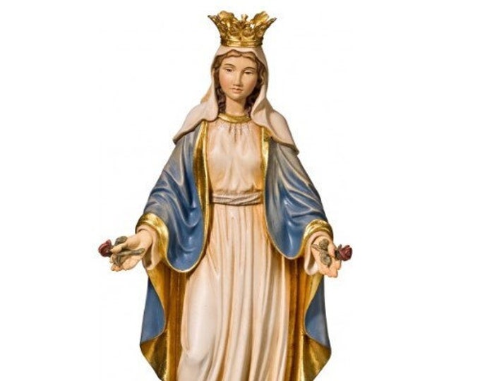 Statue of the Madonna delle Rose carved in Valgardena wood and hand-decorated, of Italian artisan production