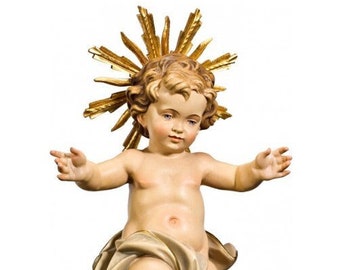 Baby Jesus sculpture statue, carved from Valgardena wood and hand-decorated, Italian artisan production.