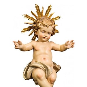 Statue sculpture de l'Enfant Jésus, sculptée en bois de Valgardena et décorée à la main, de production artisanale italienne
