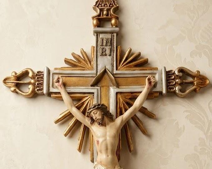 Crucifix cross, cm 65 x 33 (25.59 x 12.99 inches) in marble dust decorated by hand, artisanal production