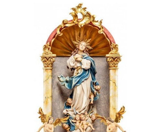 Statue of the Madonna Assumption into heaven with halo in a baroque home altar, carved in Valgardena wood of Italian production