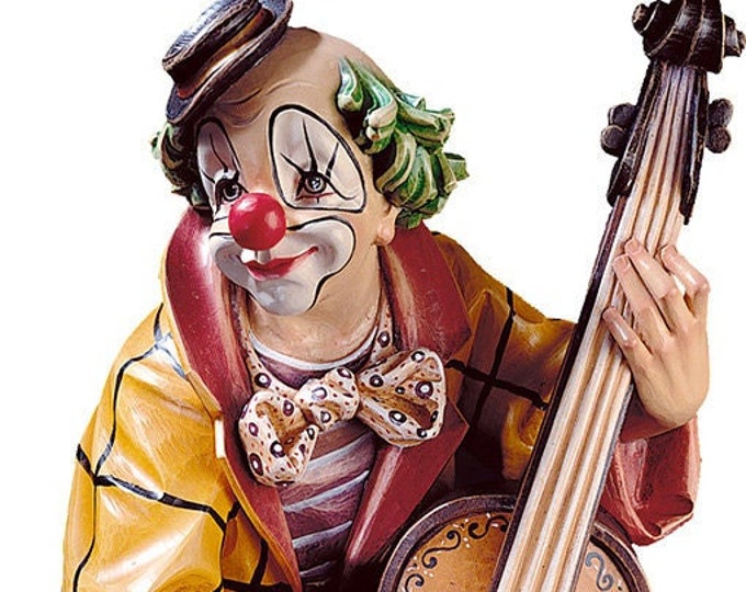 Bassist Clown Statue carved in Valgardena wood and hand-decorated, of Italian artisan production