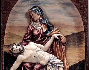 Scultura della Pietà in rilievo, scolpita in legno della Valgardena e decorata a mano con colori ad olio di produzione artigianale italiana