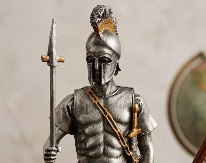 Classical Greek Warrior sculpture, 14 cm (5.51 inches) in solid pewter, hand-decorated, artisanal, made in Italy