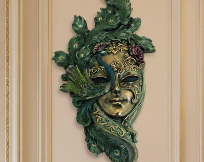 Venetian Peacock Mask, 34 cm (13.38 inches) in bronzed resin marble, handcrafted