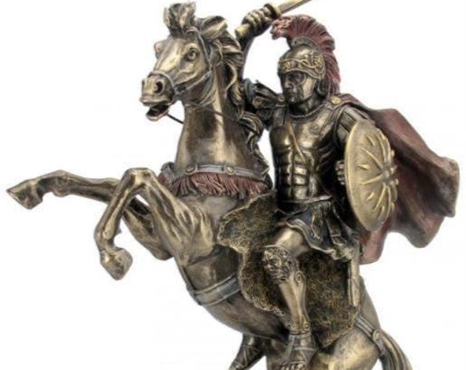 Classical sculpture of Alexander the Great on horseback, 33 cm (13 inches) in bronzed resin marble, handcrafted, made in Italy