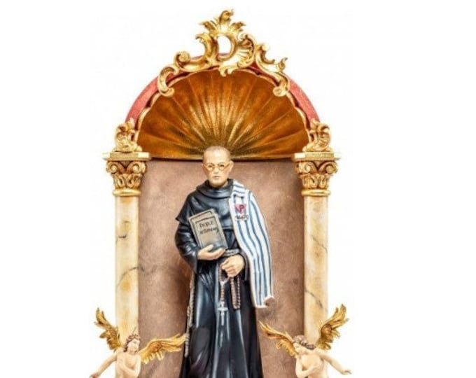 Statue of Saint Maximilian Maria Kolbe, in a baroque home altar, carved in Valgardena wood of Italian production
