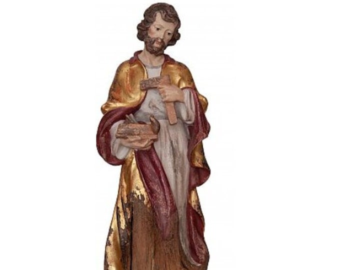Sculpture statue of St. Joseph the worker, carved in Valgardena wood root, hand-decorated, of Italian artisan production
