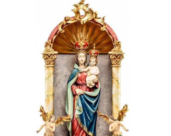 Statue of the Madonna with Child and dove in a baroque home altar, carved in Valgardena wood of Italian production