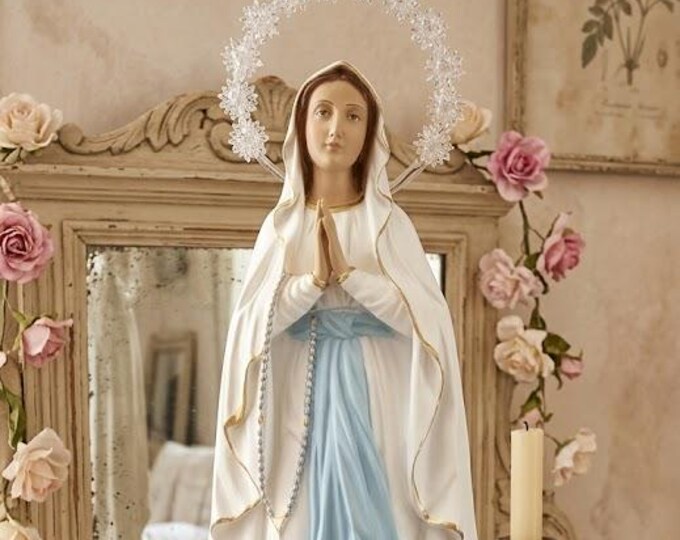 Madonna Lourdes statue 60 cm (23.62 inches) with luminous halo, in hand-decorated resin marble, Italian artisan production