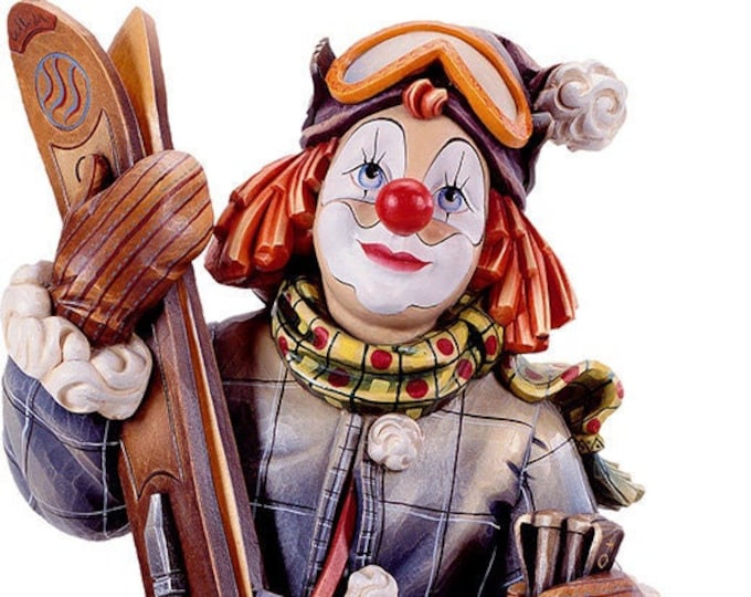 Clown Skier Statue carved in Valgardena wood and hand-decorated, of Italian artisan production