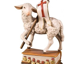 Easter Lamb sculpture statue, carved in Valgardena wood and hand decorated, Italian artisan production