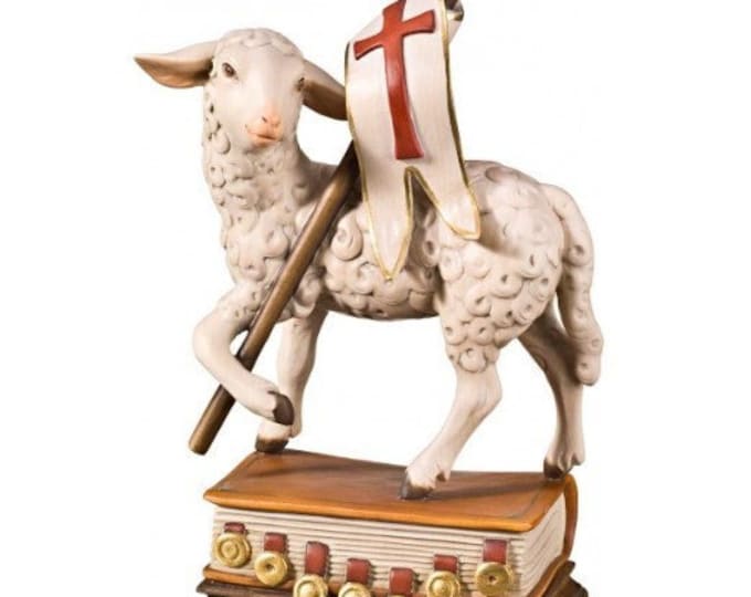 Easter Lamb sculpture statue, carved in Valgardena wood and hand decorated, Italian artisan production