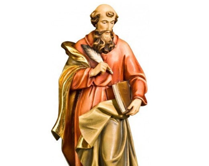 Statue of Saint Mark the Evangelist carved in Valgardena wood and hand decorated, Italian artisan production