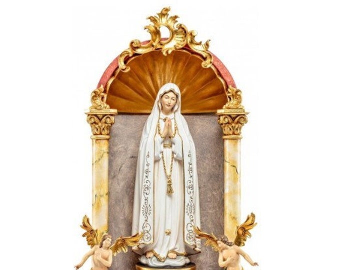Statue of Our Lady of Fatima in a baroque home altar, carved in Italian-made Valgardena wood