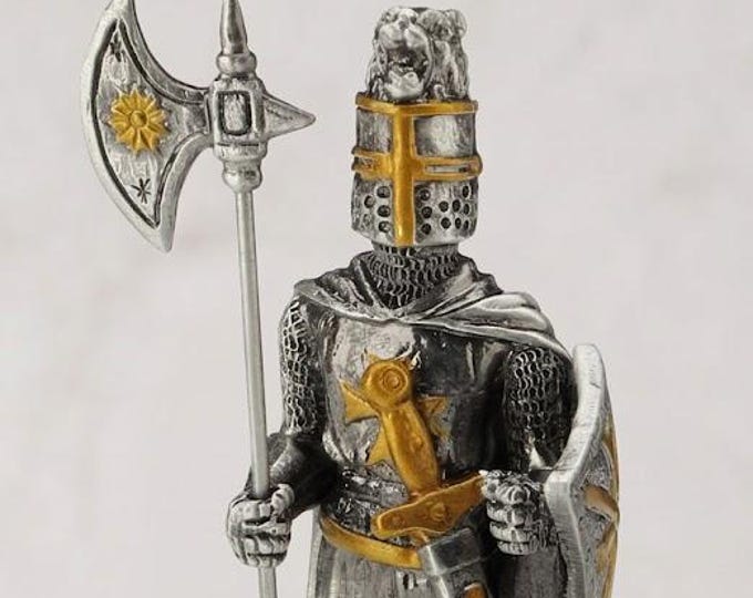 Classical Crusader sculpture with halberd, 11 cm (4.33 inches) in solid pewter, hand-decorated, artisanal, made in Italy