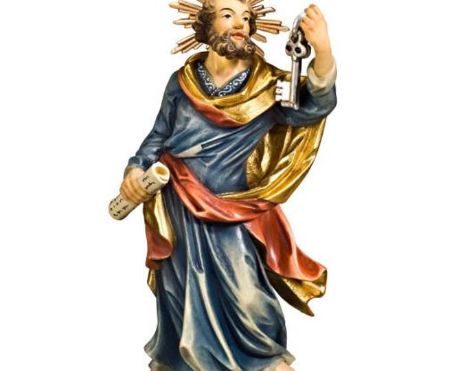 Statue of Saint Peter with halo carved from Valgardena wood, hand-decorated, Italian artisan production, various sizes