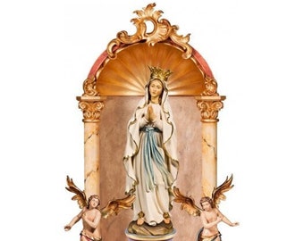 Statue of the Madonna of Lourdes in a baroque home altar, carved in Italian-made Valgardena wood