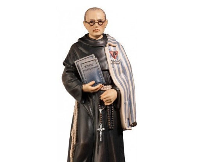 Statue of Saint Maximilian Maria Kolbe carved in Valgardena wood and hand decorated, Italian artisan production