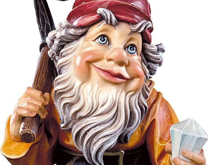 Statue of the Gnome Diamond Seeker carved in wood from Valgardena and decorated by hand of Italian handicraft production