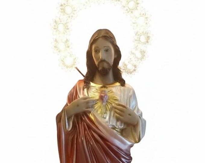 Sacred Heart Jesus statue 30 cm (11.81 inches) with luminous halo, in marble resin with pearl decoration, handcrafted in Italy