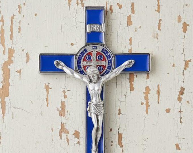 Crucifix of Saint Benedict of Norcia, in colored metal, 12 cm (4.72 inches) various colors available, handcrafted in Italy