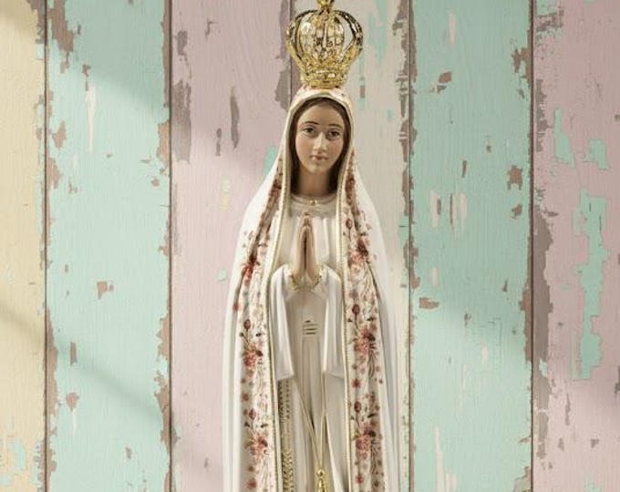 Statue of Our Lady of Fatima in glass resin, 61 cm (24.01 inches) hand-decorated with floral finish, artisanal production