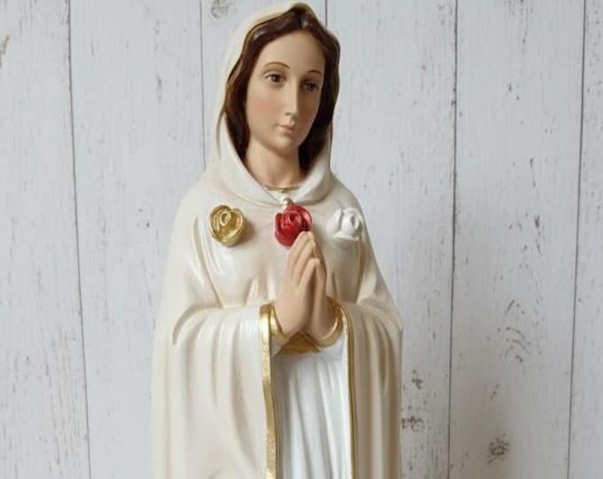 Statue of the Madonna Maria Rosa Mistica 45 cm (17.71 inches) in mother-of-pearl resin decorated by hand, Italian artisan production
