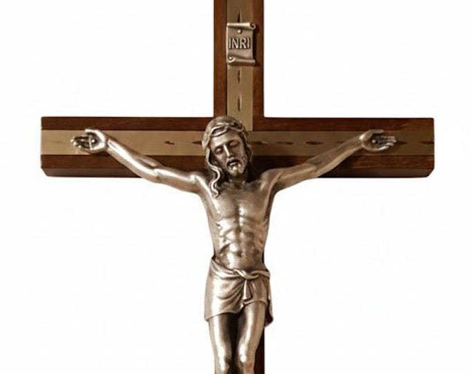 Crucifix in olive wood and metal, 30 x 15 cm (11.81 x 5.90 inches) of Italian artisan production